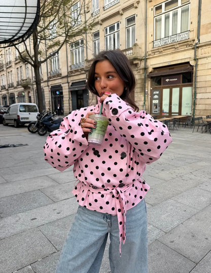 CROPPED HIGH NECK POLKA DOT TRENCH COAT IN PINK