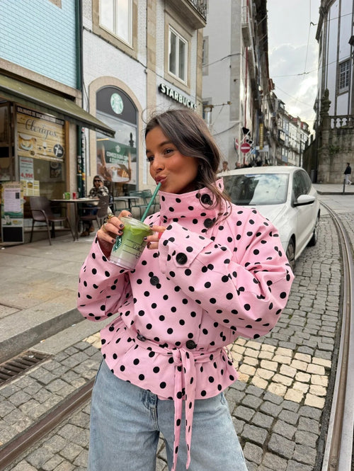 CROPPED HIGH NECK POLKA DOT TRENCH COAT IN PINK