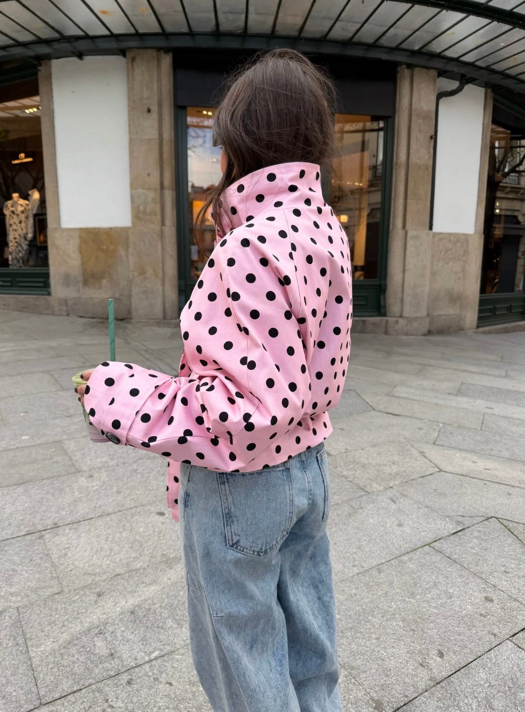 CROPPED HIGH NECK POLKA DOT TRENCH COAT IN PINK